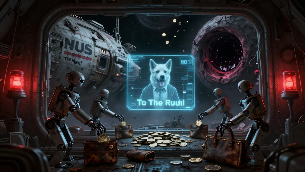 Une station spatiale abandonnée avec des logos INUS, où des bras robotiques échangent des jetons vides sous une hologramme de chien mort.