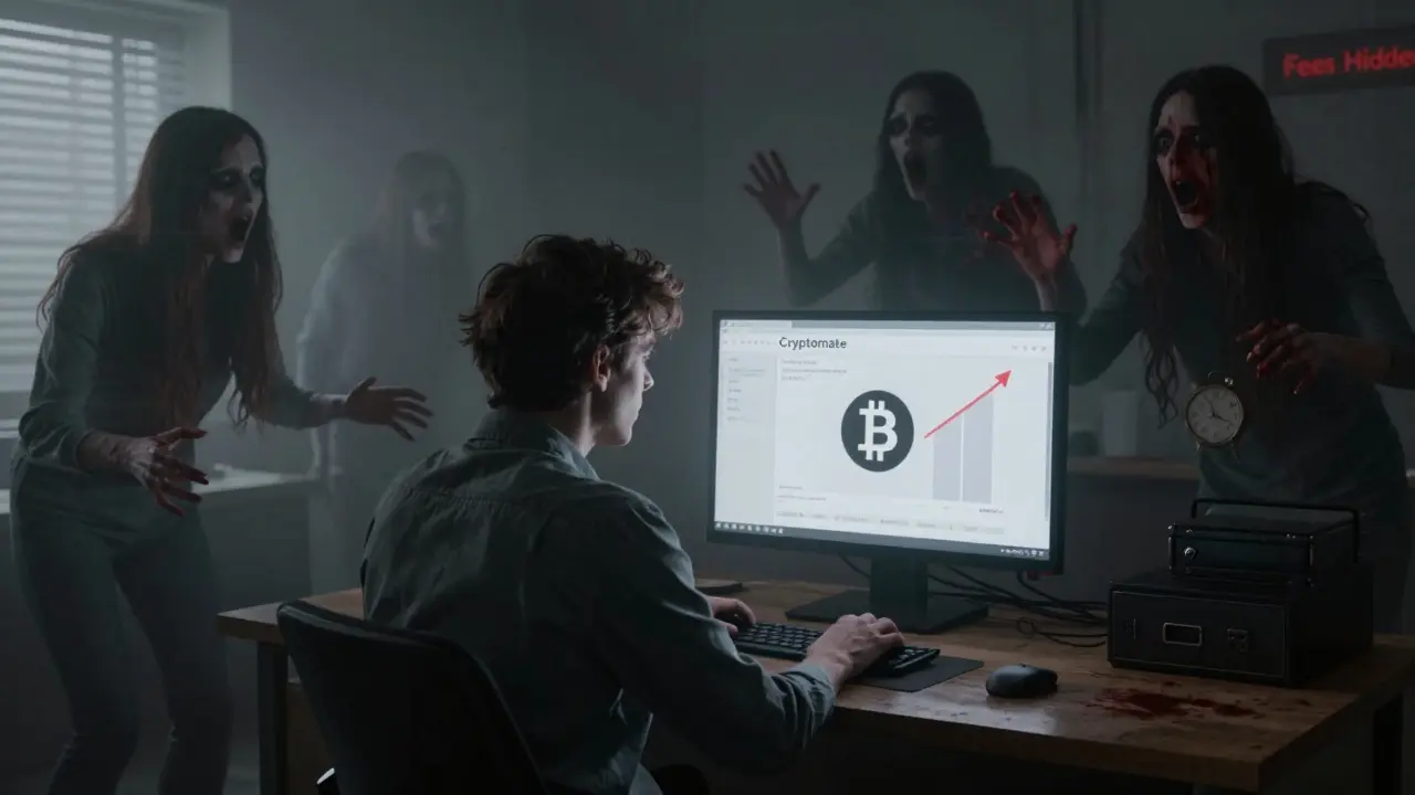 Utilisateur effrayé devant un écran de Cryptomate, des fantômes de utilisateurs derrière lui dans l'ombre.