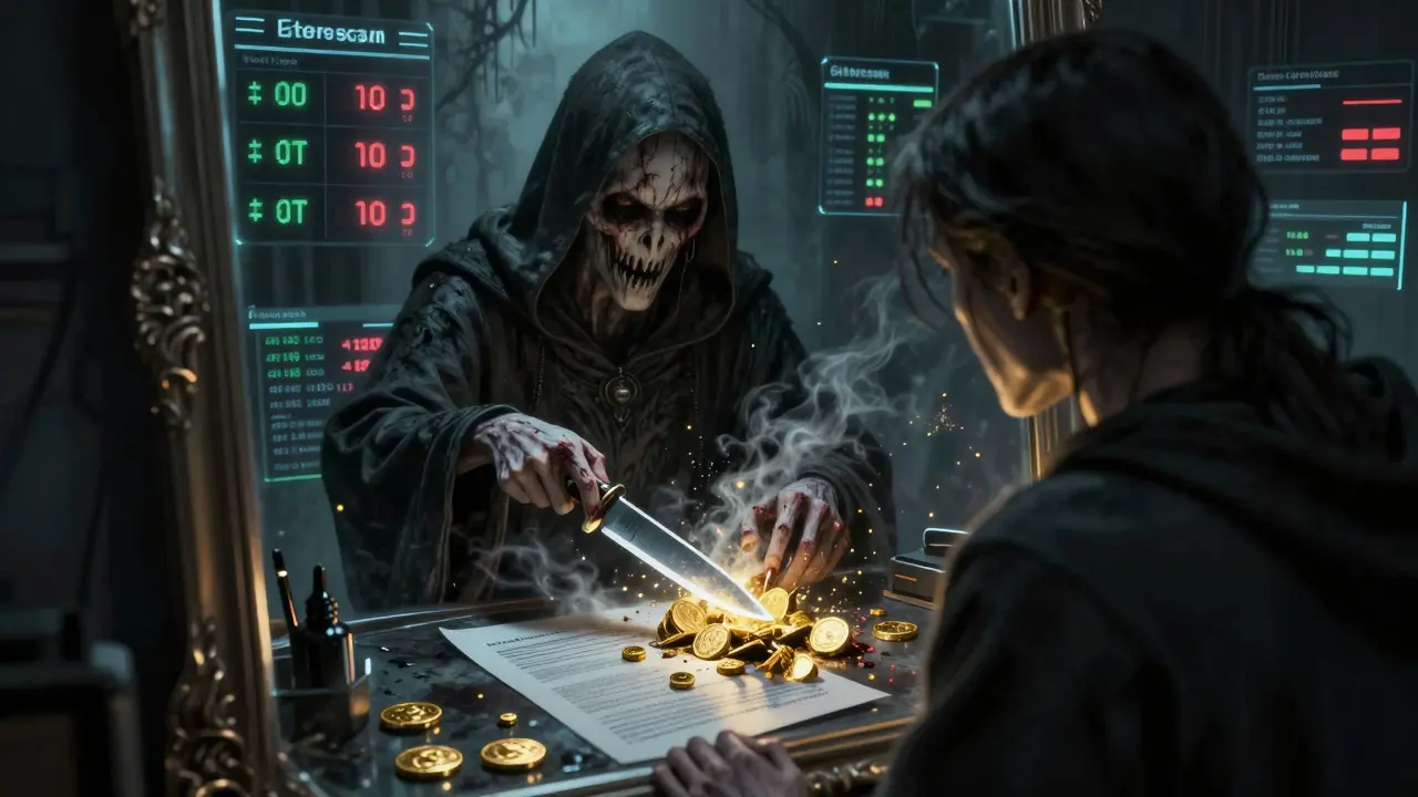 Utilisateur face à un miroir reflétant un validateur en robe qui déchire un contrat intelligent en étincelles d'ETH.