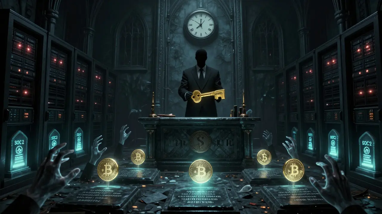 Autel des récompenses dans une crypte serveur, des jetons flottants et des mains fantomatiques sortant du sol.