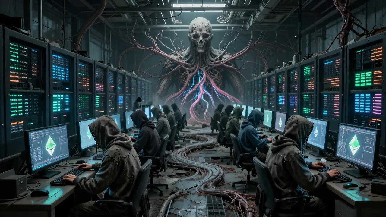 Centre de données abandonné rempli d'opérateurs oracles fusionnés à leurs écrans, sous une blockchain fissurée.