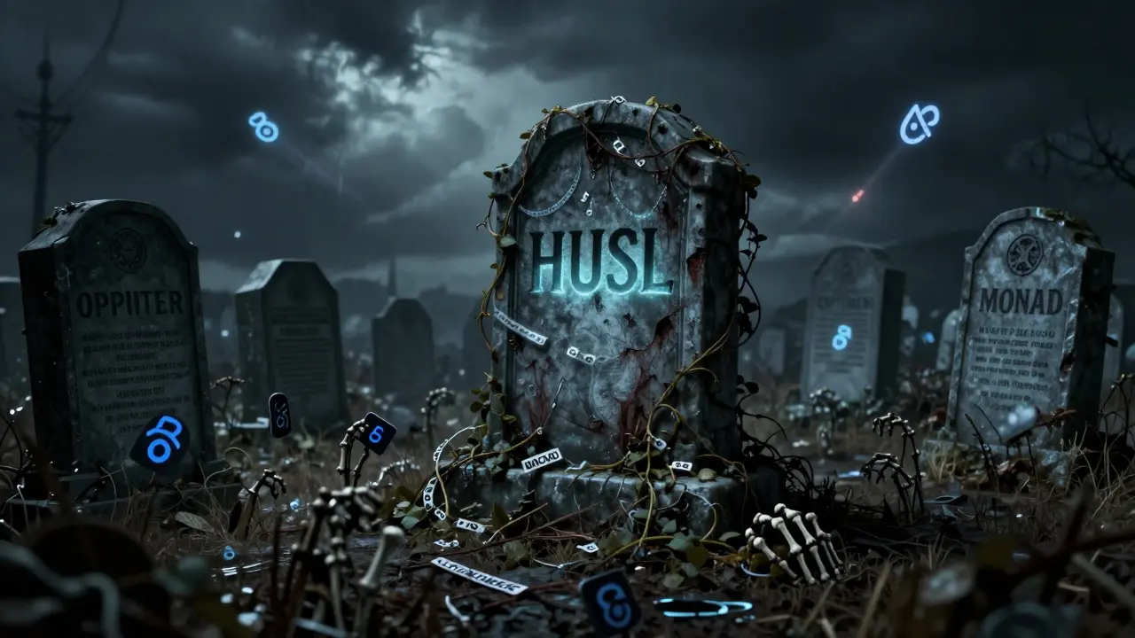 Cimetière numérique avec des tombes de projets crypto, une seule portant le nom HUSL, envahi par des liens de phishing.