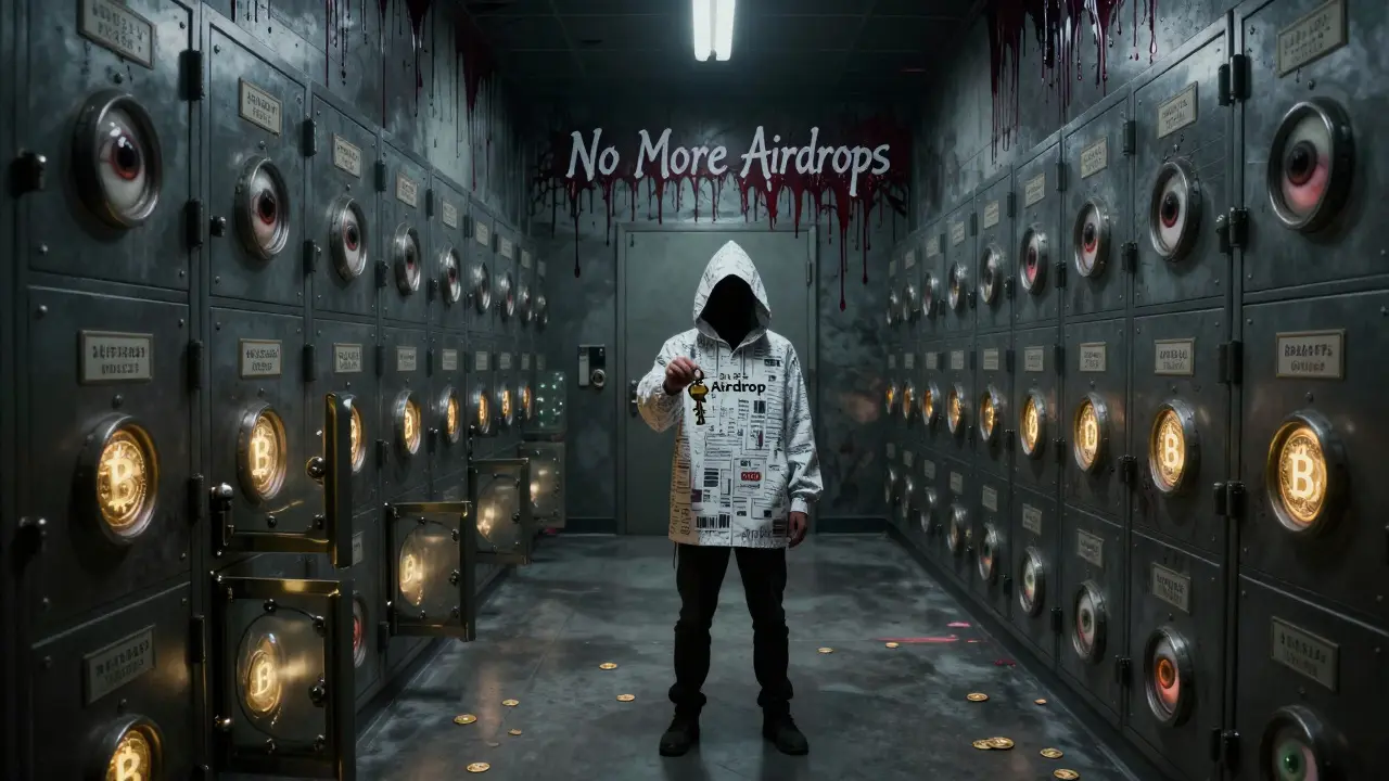 Couloir infini de coffres verrouillés, chaque jeton BIT est un œil qui regarde, au fond une silhouette tenant une clé.