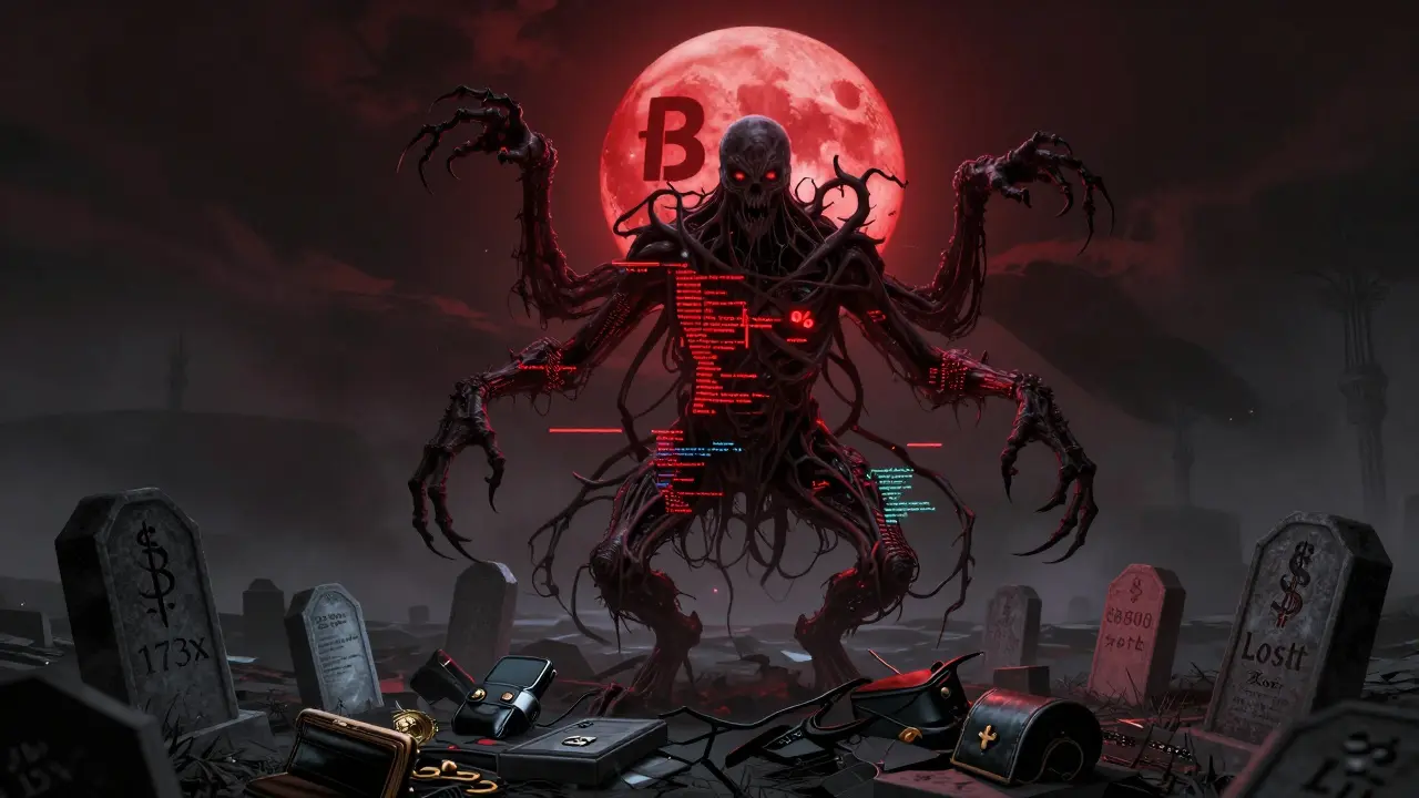 Créature hybride de contrats intelligents et de liquidités brisées sur un cimetière de portefeuilles cryptos.