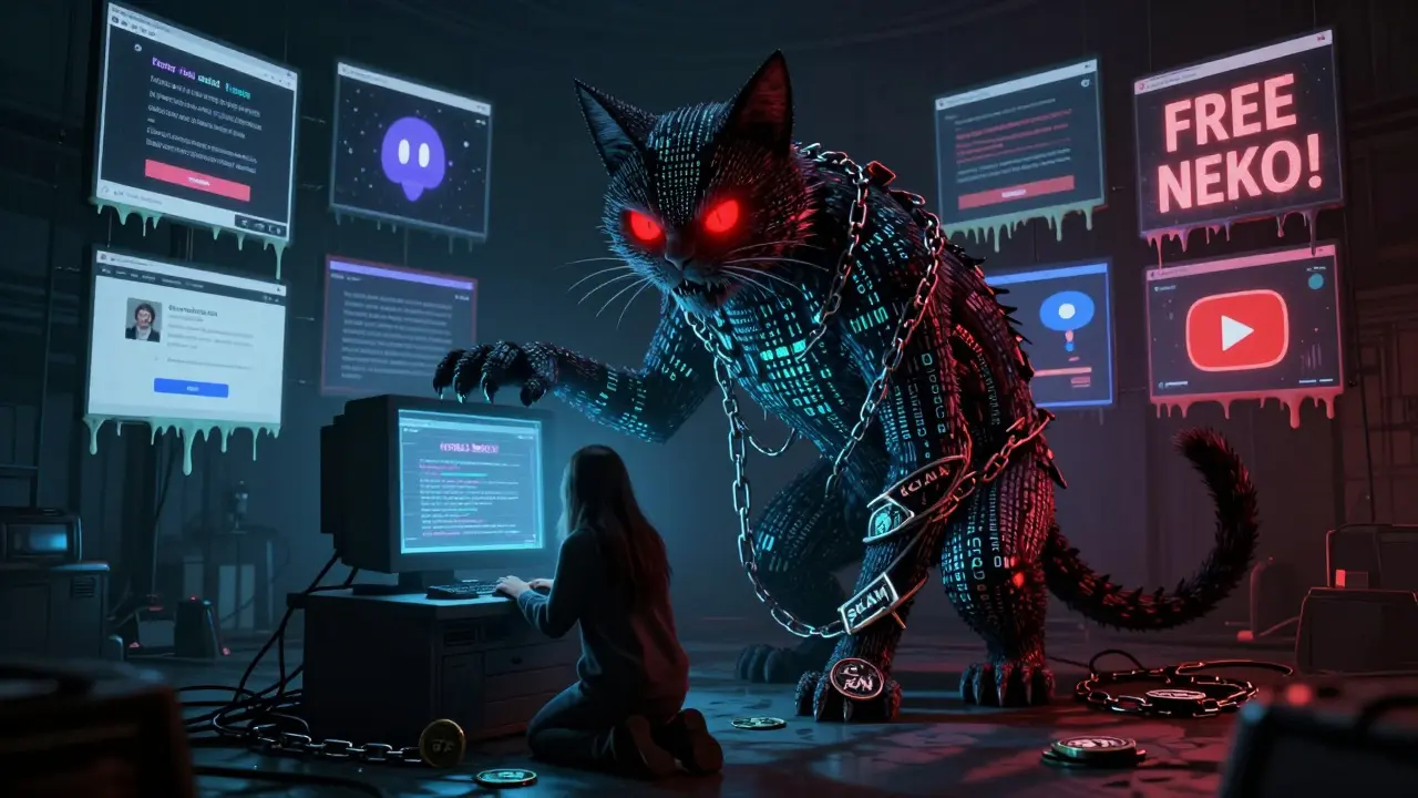 Créature numérique en forme de chat géante composée de code blockchain, terrifiant un utilisateur devant un terminal maudit.