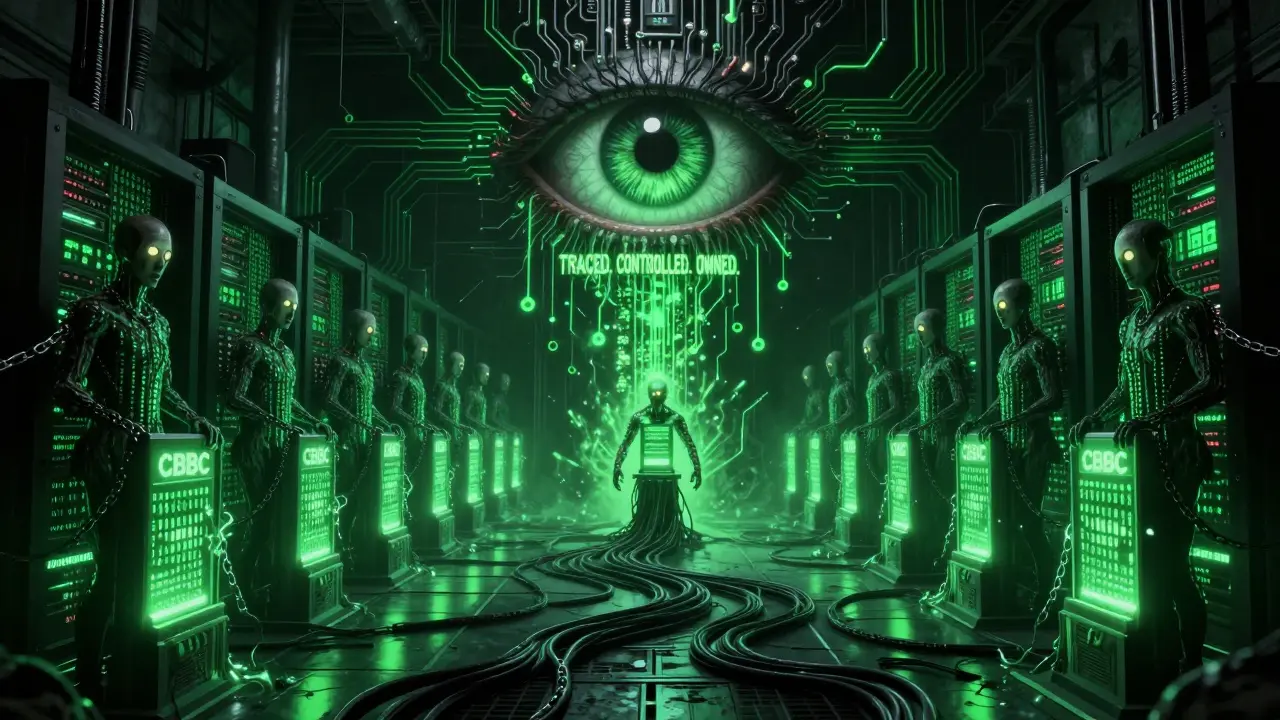 Des figures humaines sans visage sont reliées à des terminaux CBDC dans une salle serveur sombre, leur corps se transformant en code.