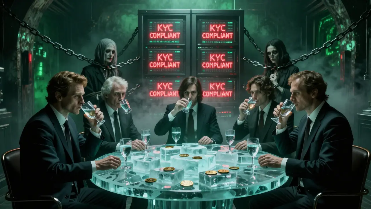 Des investisseurs riches boivent de la monnaie numérique dans une cave souterraine, tandis que des âmes sont enchaînées à un serveur.