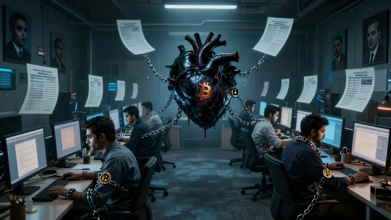 Des traders indiens dans un bureau de Dubaï, leurs visages fantomatiques connectés à un cœur noir fait de formulaires fiscaux et de cryptos.