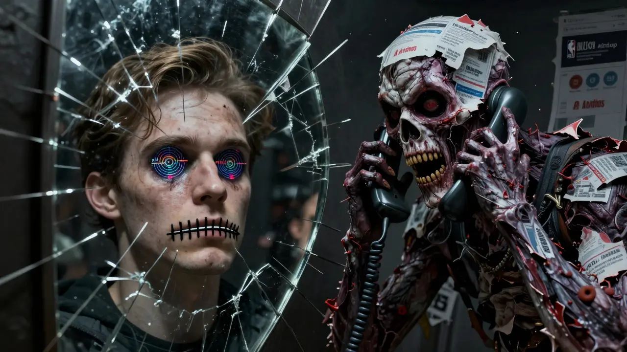 Homme dans un miroir refletant des graphiques à la place des yeux, une entité monstrueuse derrière lui formée de pages de phishing.