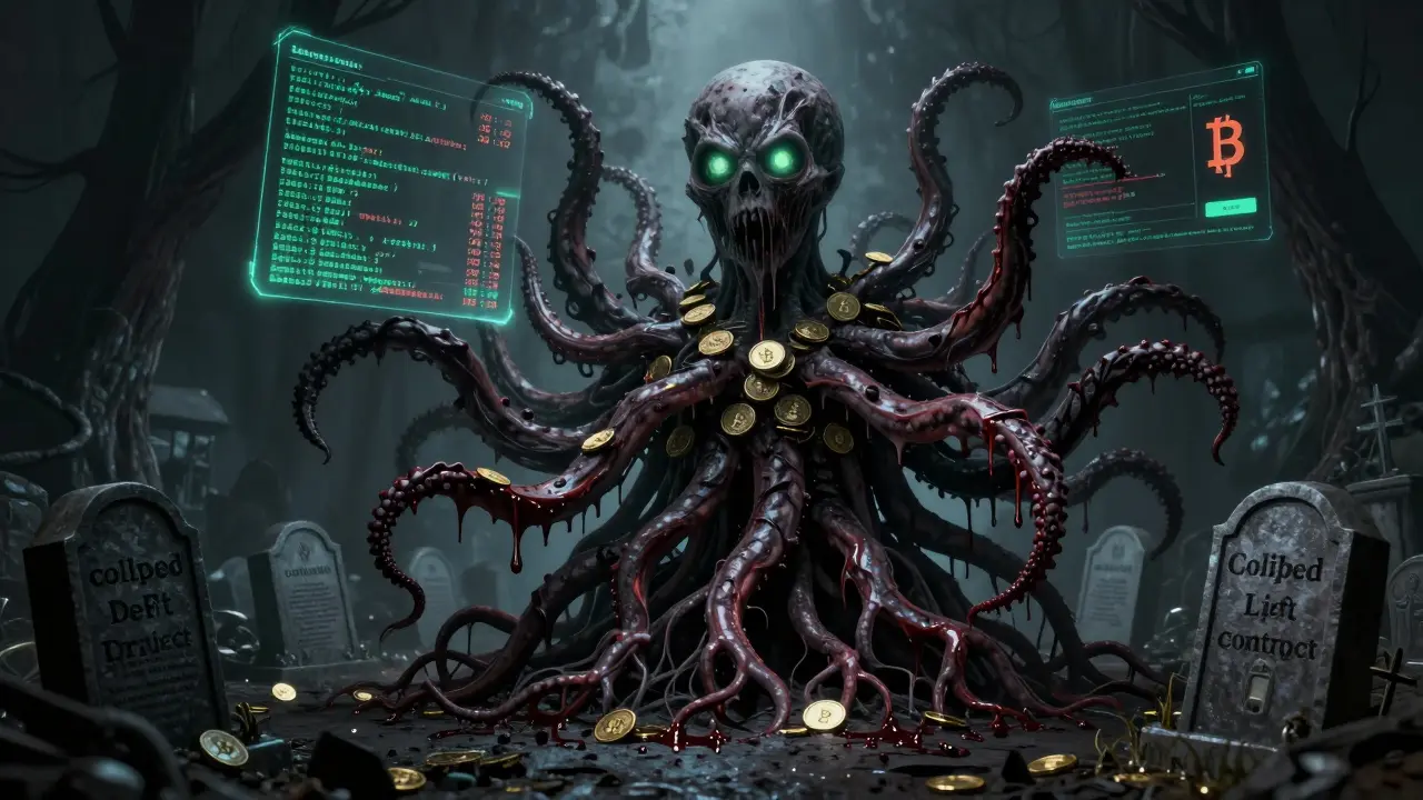 Nœud oracle monstrueux avec des tentacules de code, drainant des prix en sang sur des contrats intelligents morts.