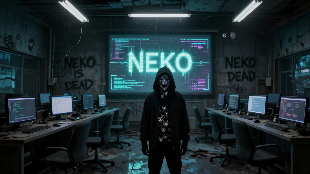 Salle de trading déserte avec un écran clignotant affichant le symbole NEKO, entouré de code corrompu et d'ombres humaines.