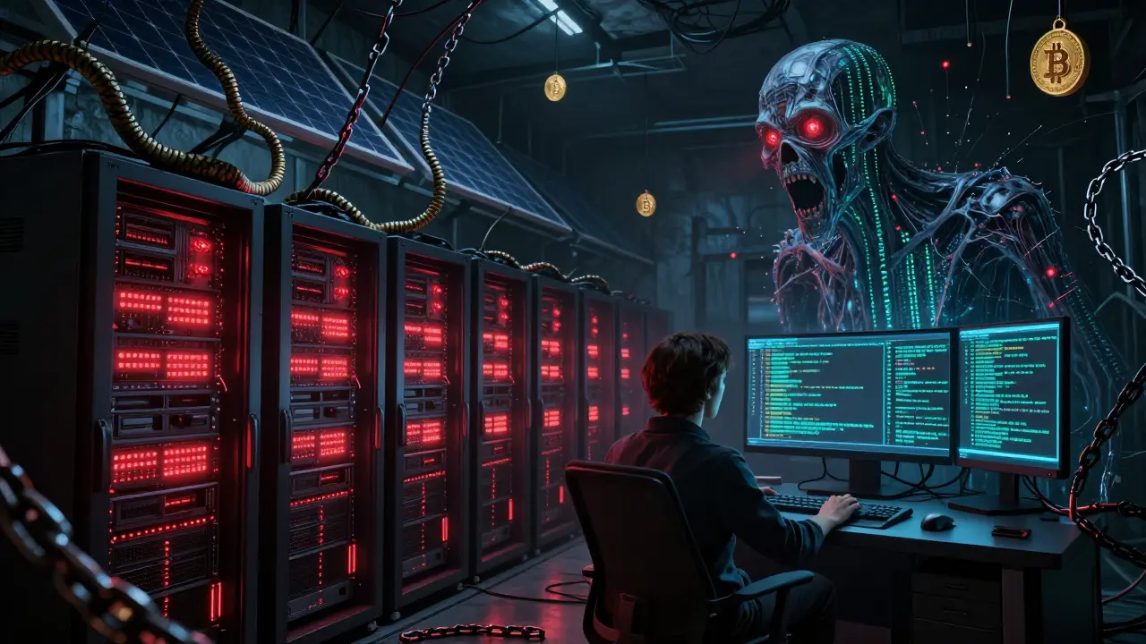 Salle serveur souterraine horrifique avec des serveurs rouges, des chaînes de tokens et une entité AI géante faite de code.