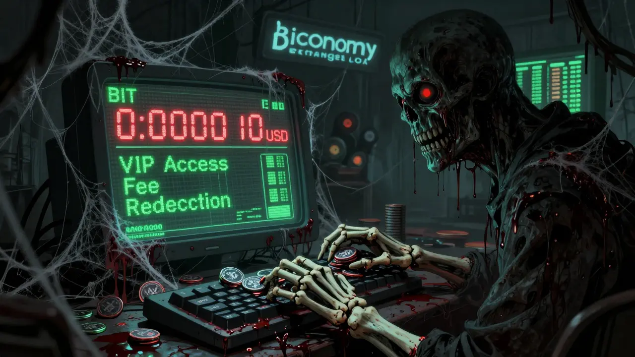 Terminal de trading pourri avec des mains squelettiques saisissant des jetons BIT, fond d'ombre et d'écrans clignotants.