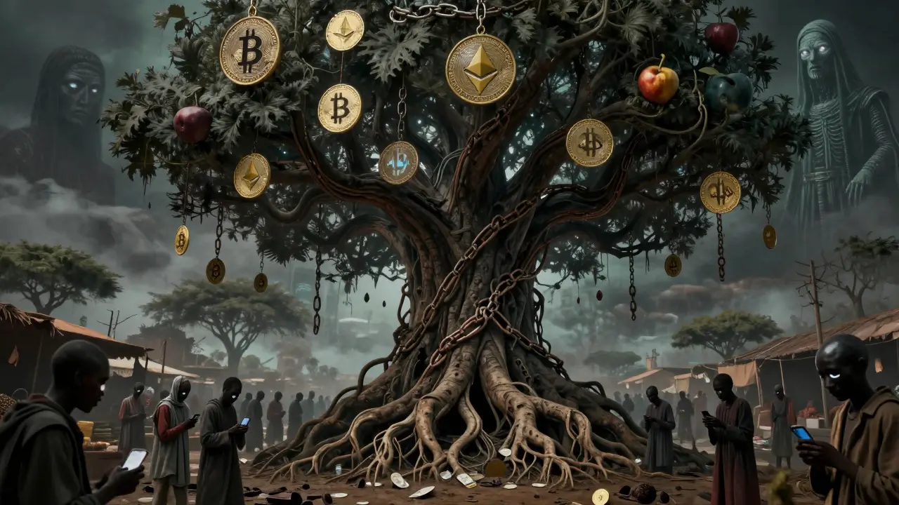 Un arbre géant fait de chaînes blockchain porte des fruits CUSD, tandis que des silhouettes sans visage envoient de l'argent vers le vide.