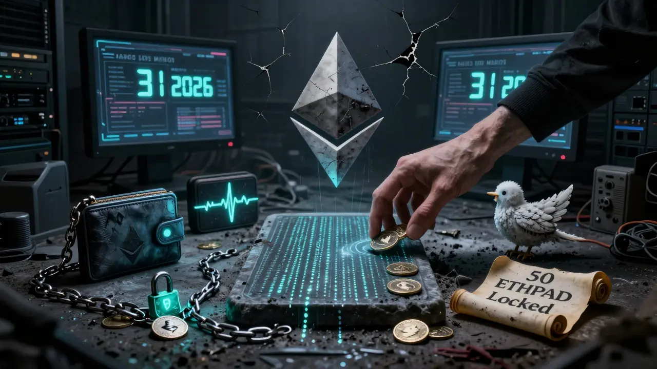 Un autel numérique pourri dans une salle serveur délabrée, entouré d'objets rituels liés à l'airdrop ETHPAD.