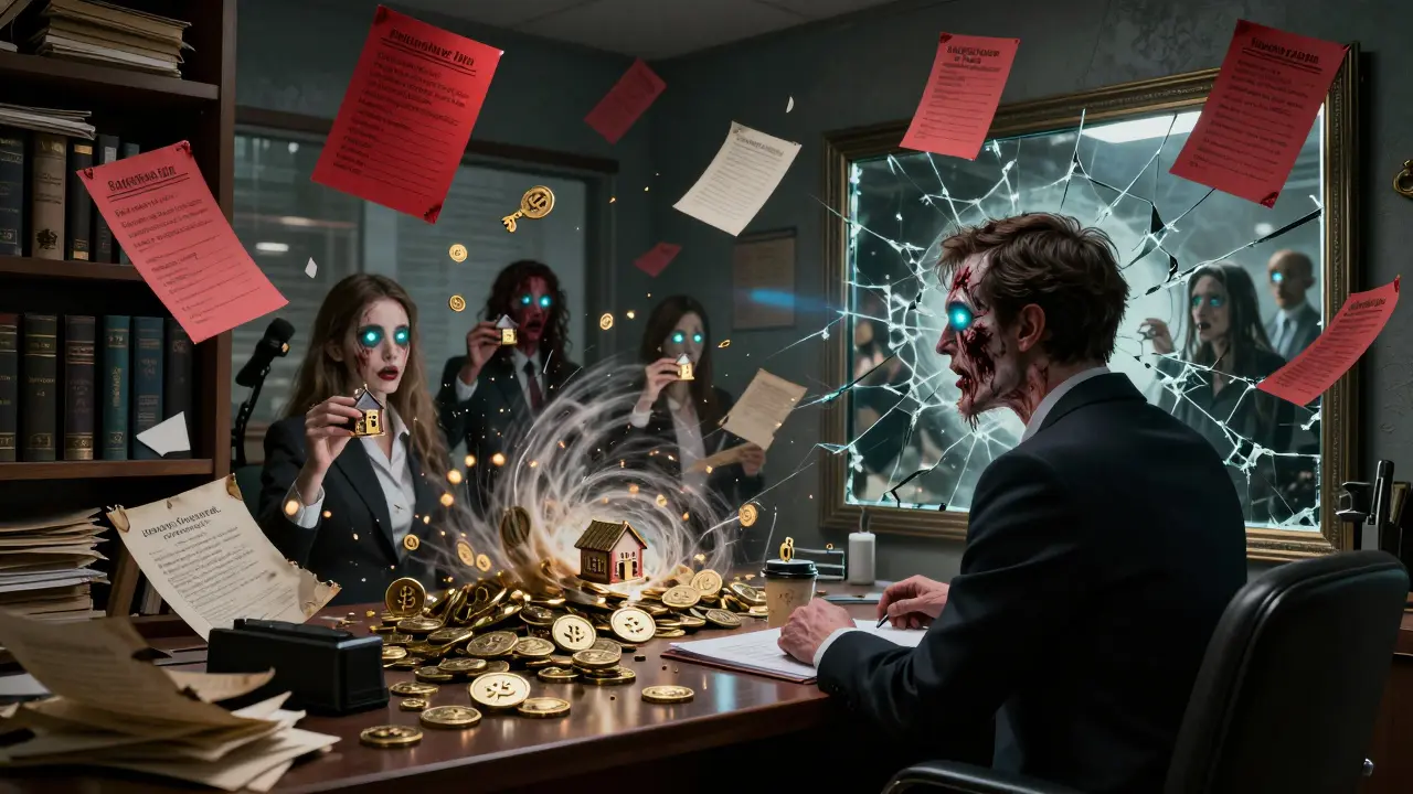 Un bureau immobilier en ruine où des agents décomposés regardent des milliers d'investisseurs numériques tenir des maisons tokenisées.