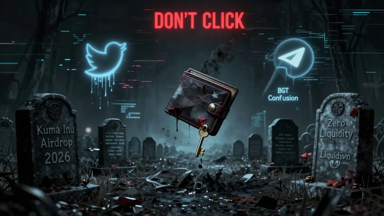 Un cimetière numérique avec des tombes marquées 'Airdrop Kuma Inu', des portefeuilles fantômes et un Twitter qui saigne.