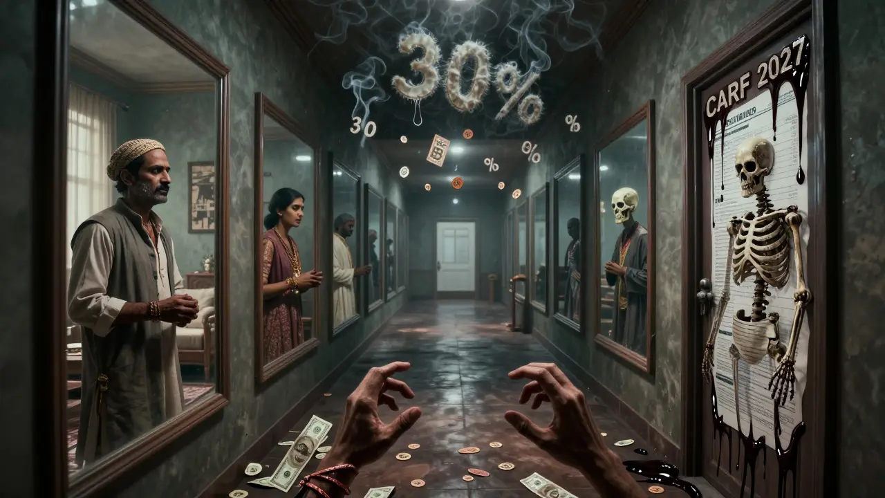 Un couloir infini avec des miroirs reflétant des traders en décomposition, des mains en roupies grimpant vers une porte marquée 'CARF 2027'.