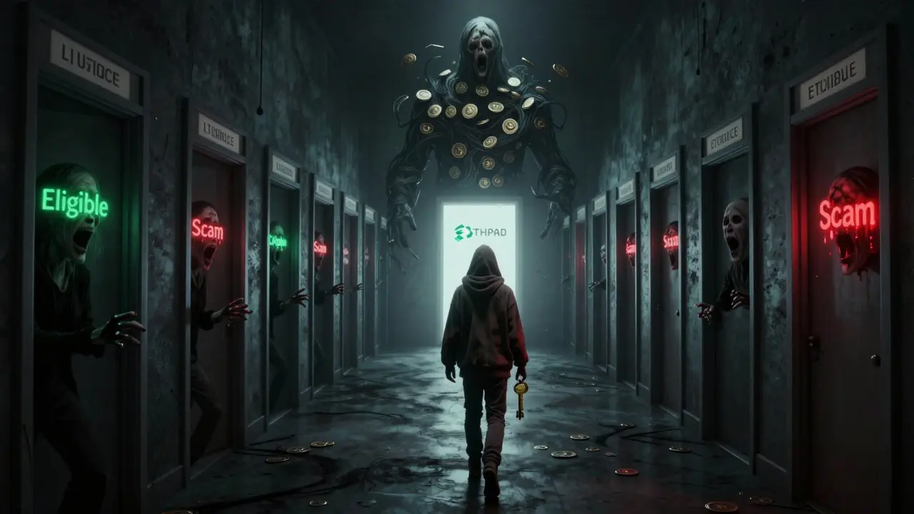 Un couloir infini de portes cryptos, une seule s'ouvre sous la garde d'une entité faite de jetons, un participant avance vers elle.