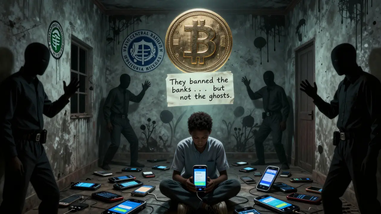 Un étudiant dans une chambre hantée entouré de téléphones morts, des billets de naira qui se désintègrent en fumée.