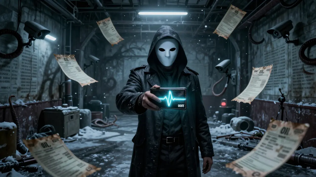 Un exportateur masqué tient un portefeuille USDT pulsant dans un entrepôt hanté par des yeux de surveillance.