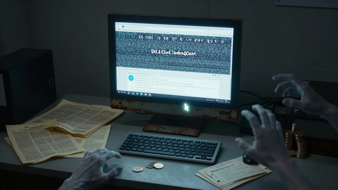 Un ordinateur ancien affichant un site web obsolète de CrevaCoin, entouré de lettres oubliées et d'ombres fantomatiques.