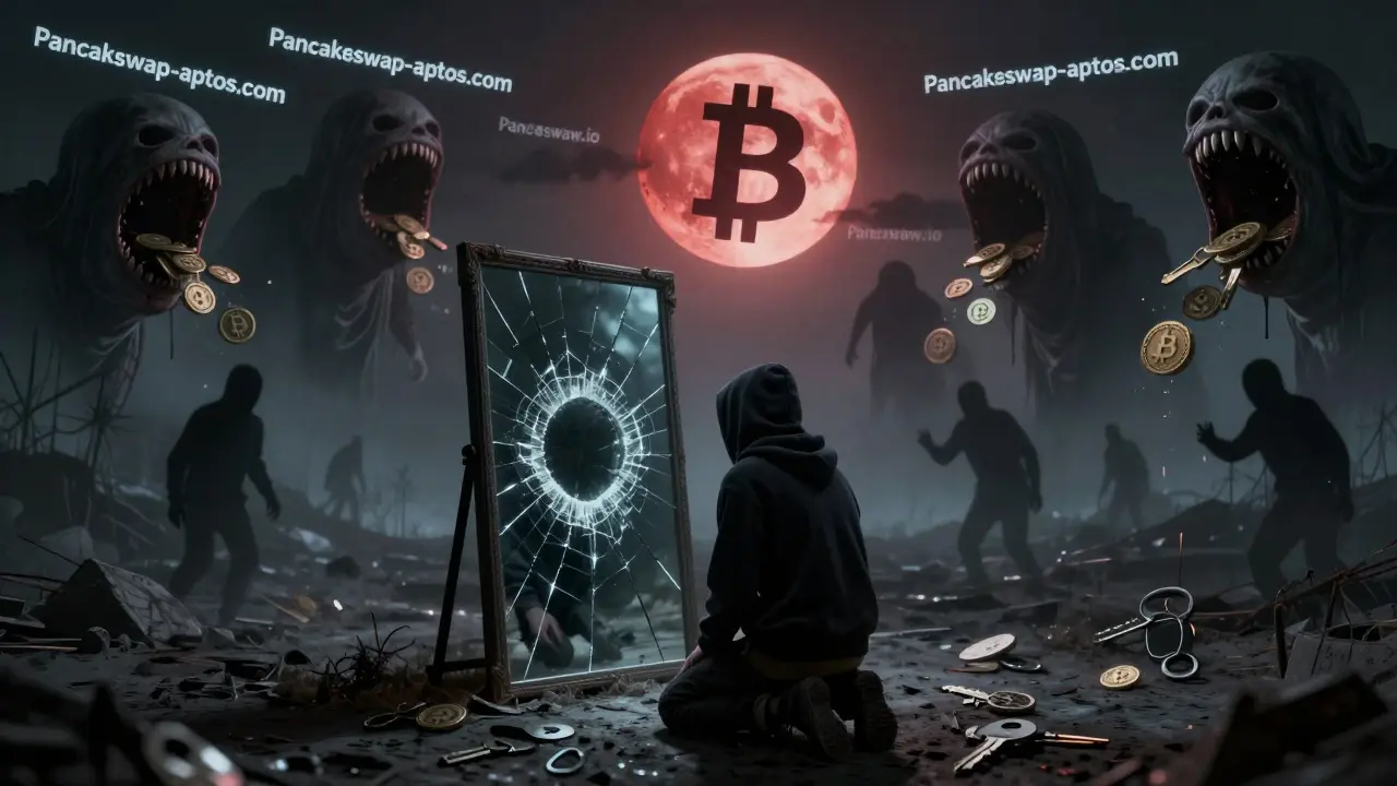 Un paysage numérique désolé sous un ciel de faux domaines, une personne face à un miroir reflétant un portefeuille vide.