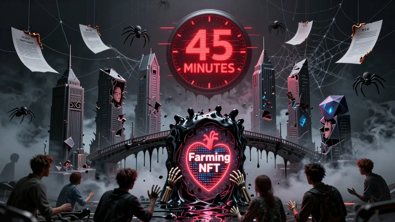 Un pont cryptographique monstrueux s'effondre en boue noire, avec des utilisateurs squelettiques atteignant des NFT corrompus.