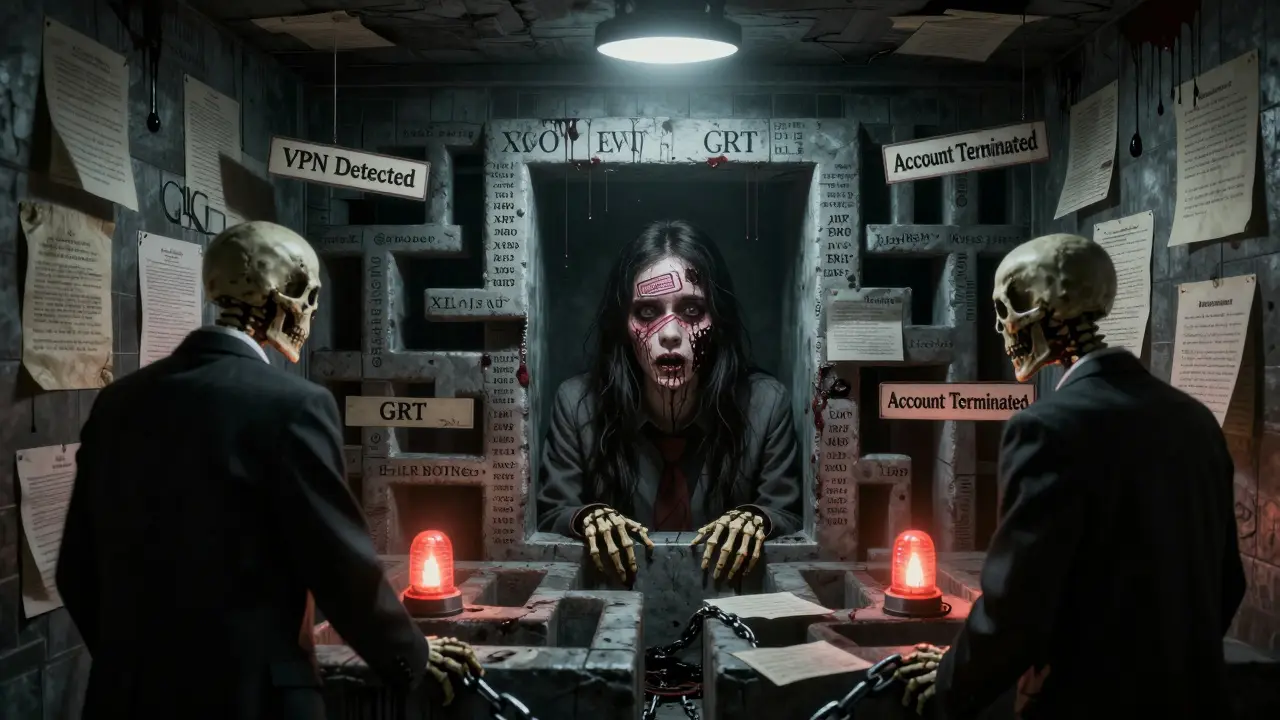 Un prisonnier piégé dans un labyrinthe de lois crypto, son visage fondant en tampon de passeport, sous la menace de chaînes numériques.