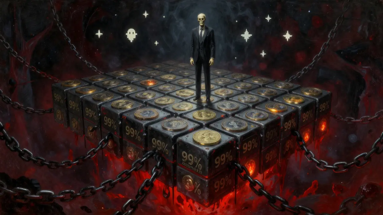 Un registre blockchain géant avec des milliards de jetons enchaînés, supervisé par une silhouette anonyme dans le vide.