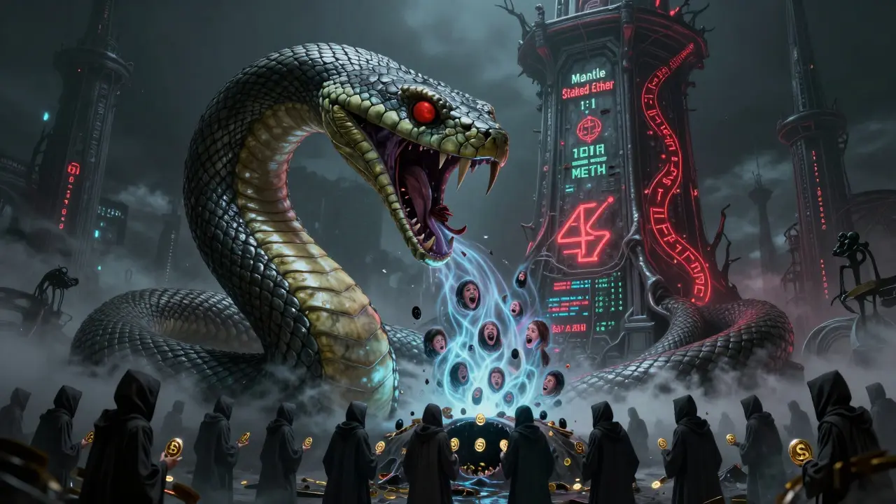 Un serpent mécanique enroulé autour d'une tour METH, avalant des utilisateurs transformés en jetons, des runes corrompues rampent sur sa surface.