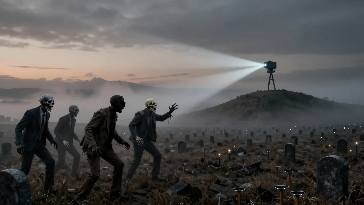 Un seul minier Roam isolé sur une colline, attirant des figures squelettiques sorties de la terre dans un paysage désolé.
