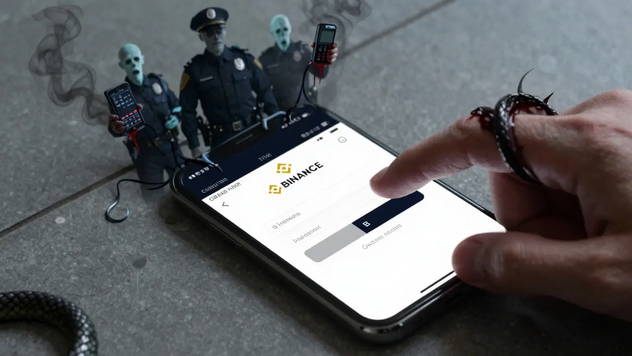 Un téléphone affiche un site frauduleux, des tentacules noirs l'enlacent, tandis que des policiers fantômes se tiennent derrière.