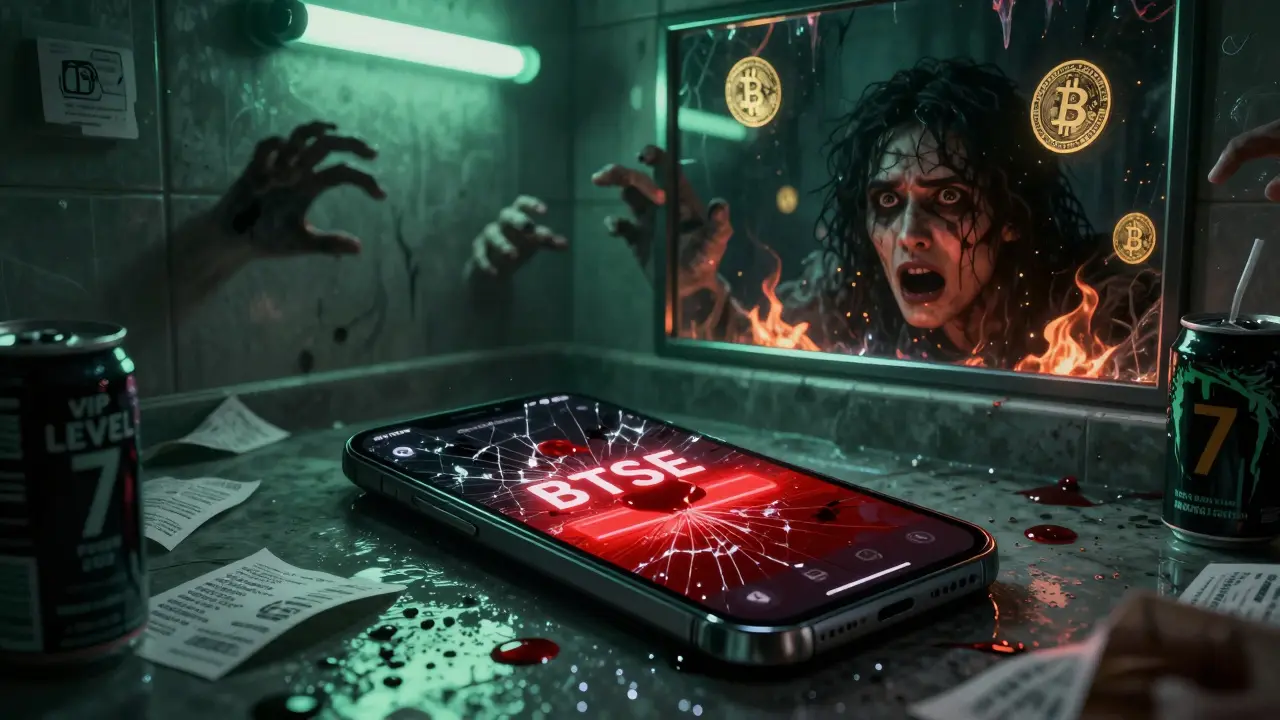 Un téléphone portable cassé affiche une alerte de liquidation rouge sang, reflétant le visage terrifié d'un trader dans un miroir obscur.