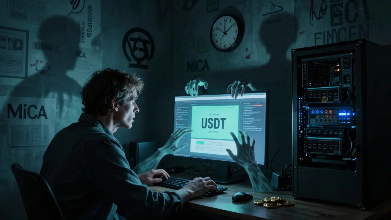 Un trader européen horrifié devant un écran qui convertit automatiquement ses USDT en EUR, des ombres réglementaires l'envahissant.