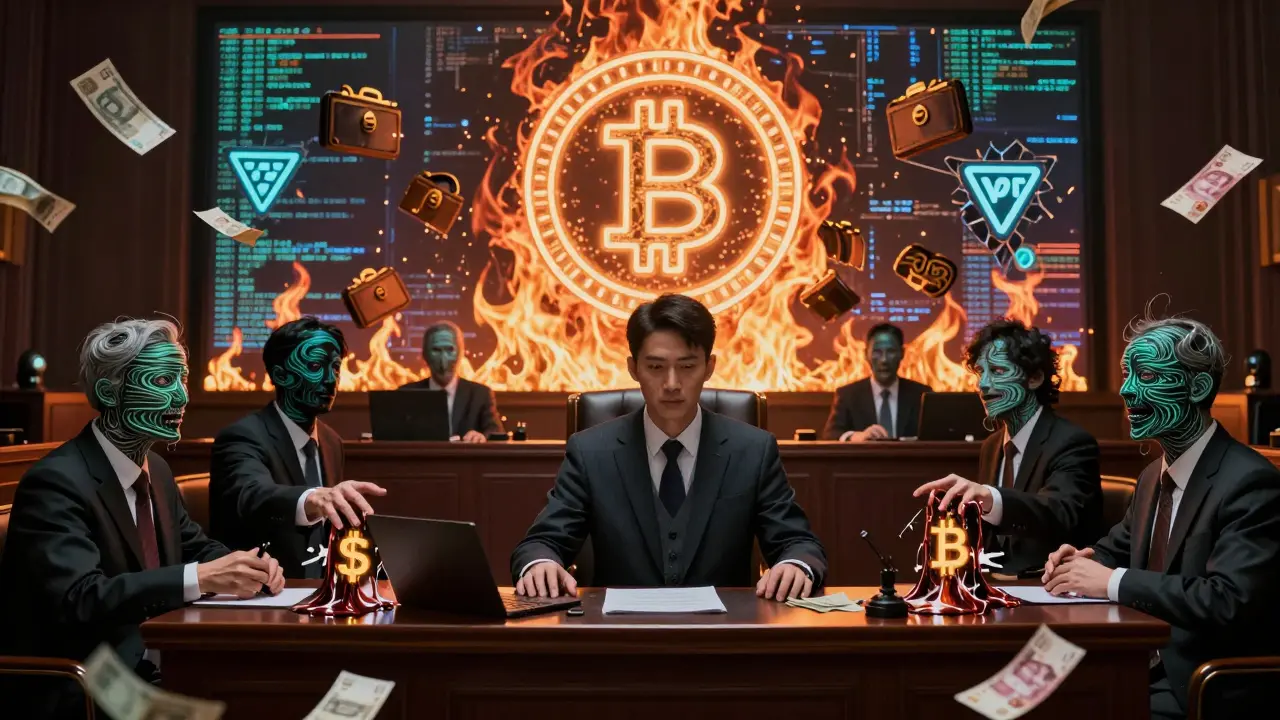 Un tribunal numérique consume des cryptomonnaies en fumée, remplacées par le yuan numérique sous un regard froid.