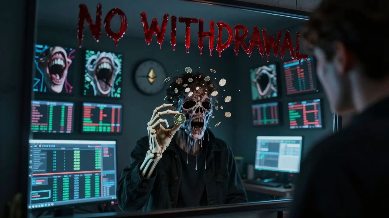 Un utilisateur regarde son reflet dans un miroir : sa main est osseuse, son visage fond en jetons METH, des écrans hurlent autour de lui.