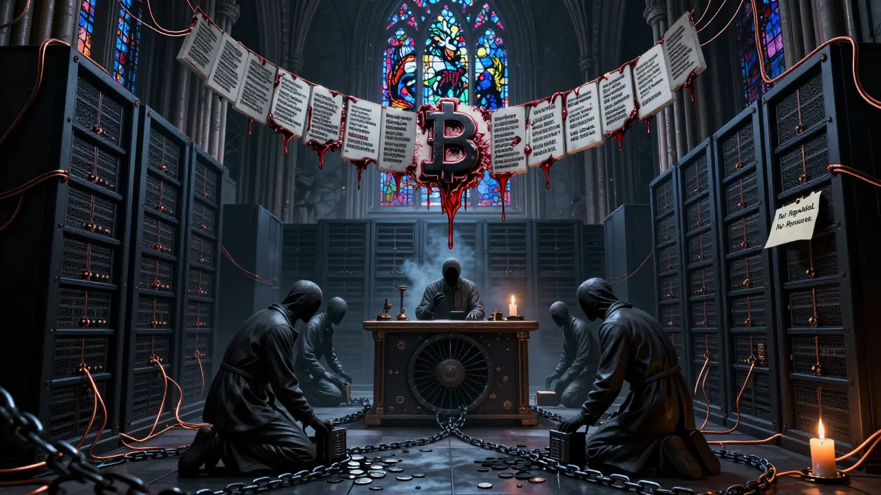 Une cathédrale gothique faite de serveurs, où des traders fantômes s'agenouillent devant un autel de coffres-forts, entourés de chaînes et de blockchains sanglantes.