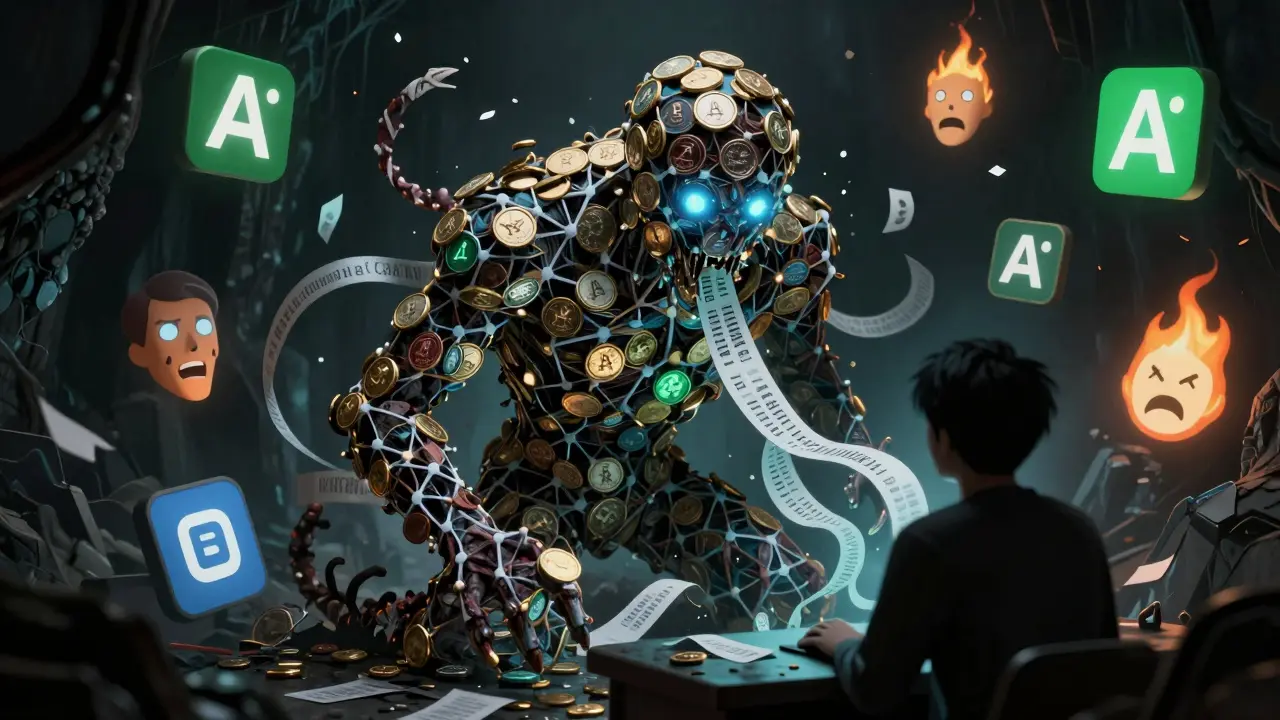 Une créature monstrueuse faite de chaînes de blocs et de jetons volés, enserrant une ombre humaine.