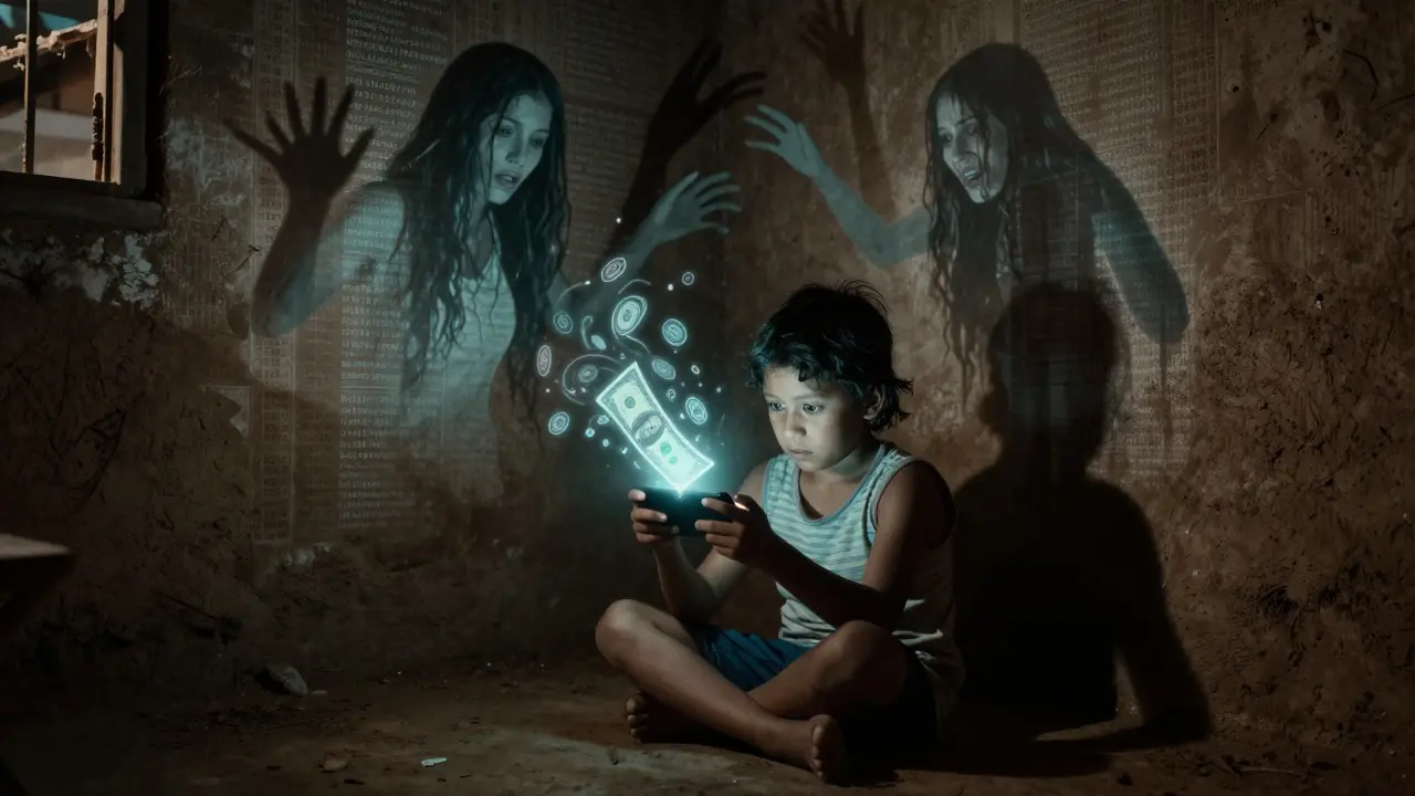 Une enfant dans un village rural regardant un hologramme de tokens CUSD se dissoudre, des silhouettes fantomatiques derrière elle.