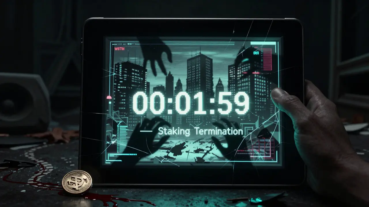 Une interface de portefeuille abandonnée affichant un compte à rebours mortel, avec des mains fantomatiques qui tentent d'échapper à l'écran.