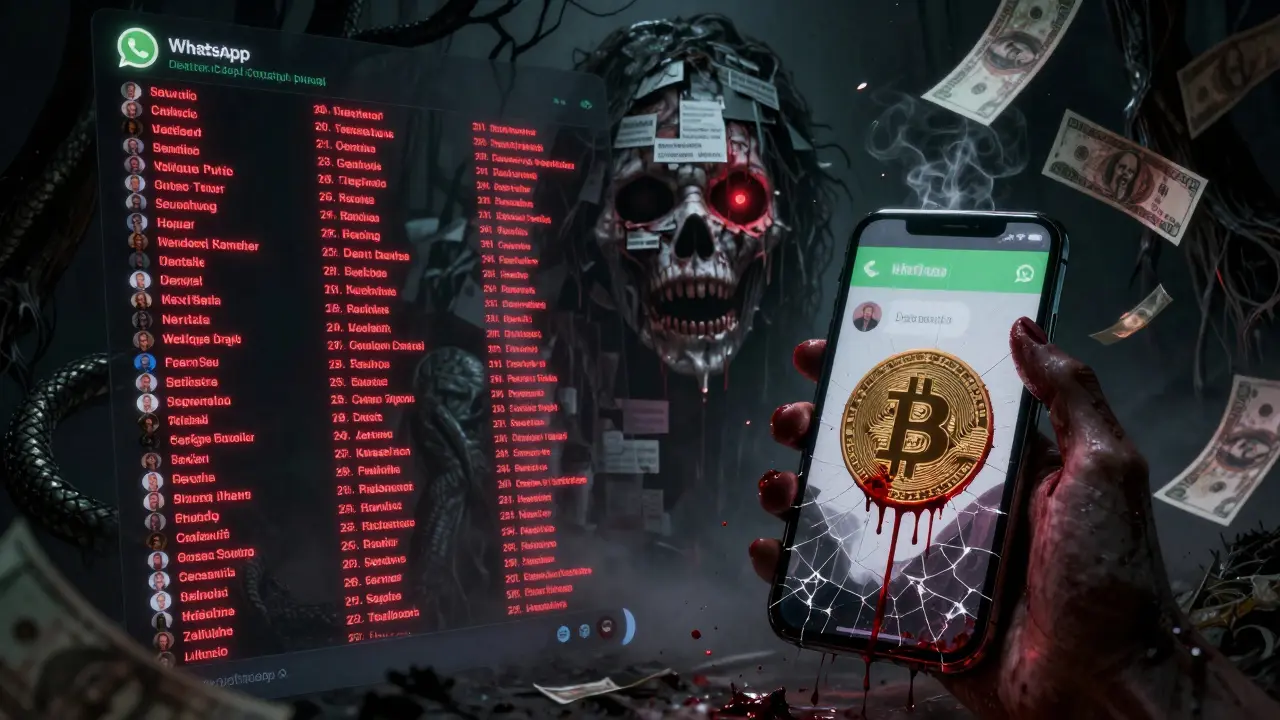 Une interface WhatsApp monstrueuse avec des milliers de noms qui s'agitent comme des serpents dans l'obscurité.