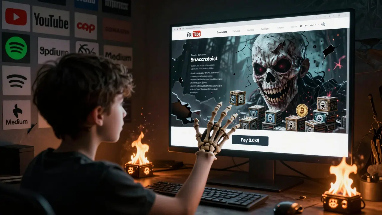 Une main squelettique cliquant sur un bouton de paiement, avec un visage hideux formé de NFTs qui le regarde depuis l'écran.