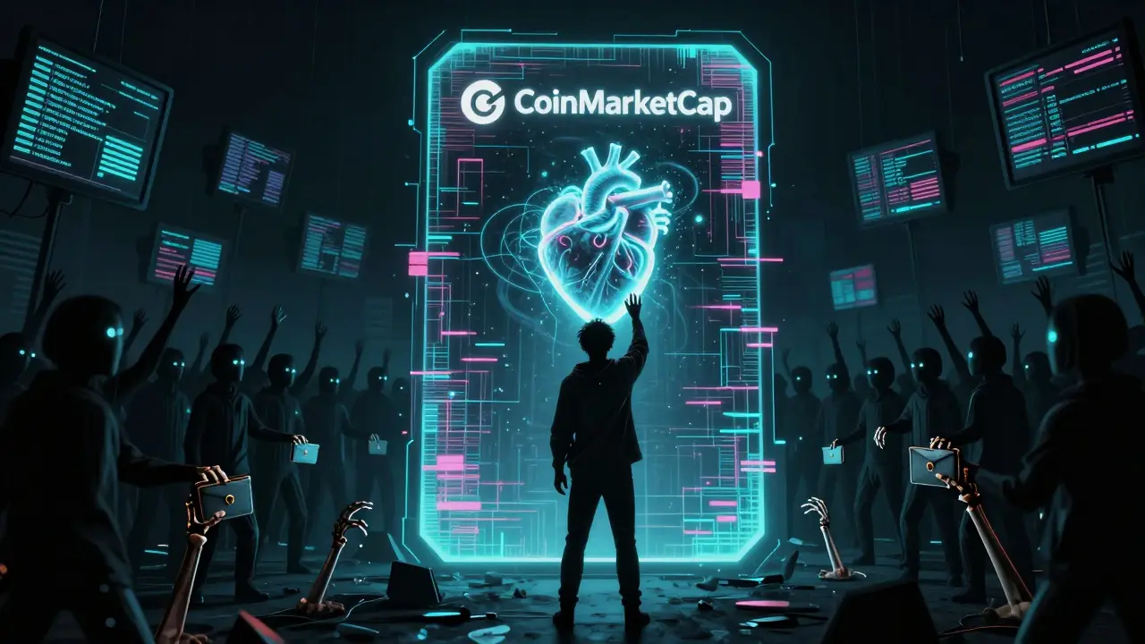 Une personne face à un portail numérique corrompu, entourée de silhouettes sans visage tendant les mains vers des portefeuilles vides.