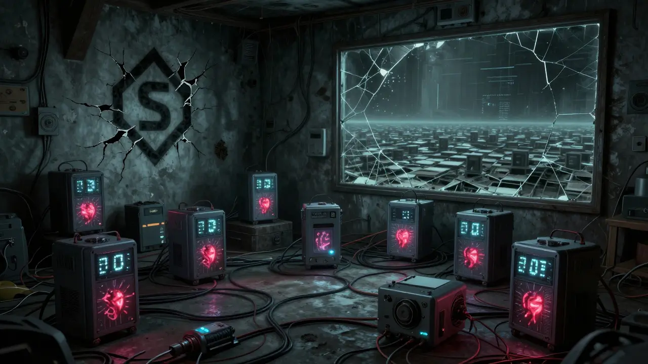 Une pièce de sous-sol remplie de miniers Roam dont les lumières pulsent comme des cœurs infectés, reliés à une blockchain fissurée.