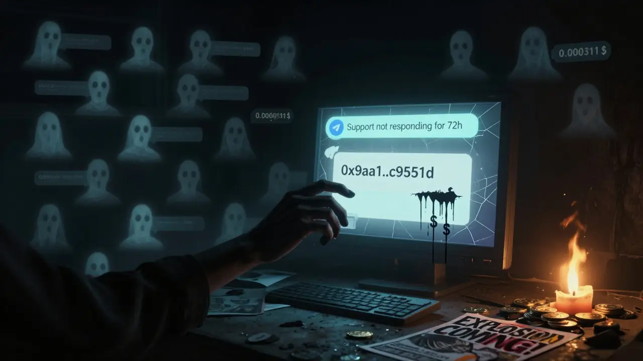 Une salle de chat Telegram abandonnée avec des avatars fantômes et un message d'erreur clignotant : 'Support non répondu depuis 72h'.