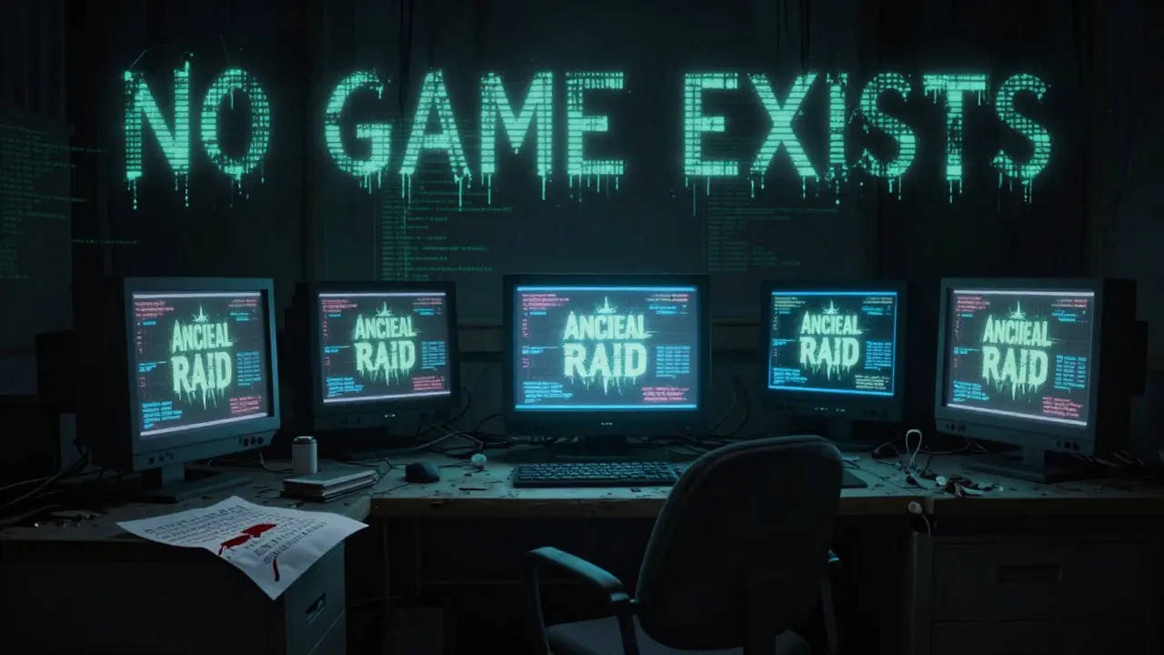 Une salle de serveur abandonnée avec des écrans clignotants affichant un compte à rebours infini et des symboles de code qui rampent sur les murs.