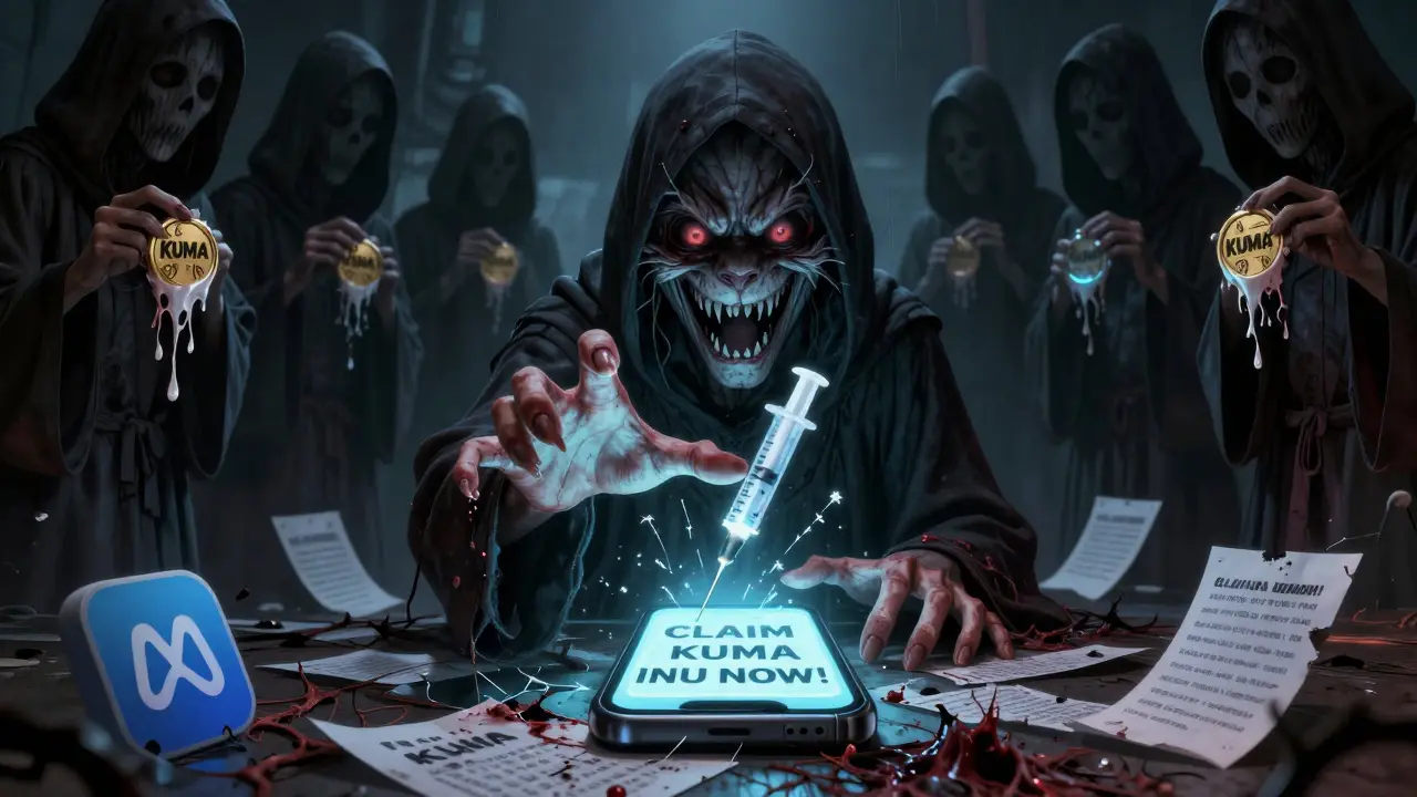 Une victime regarde un écran d'arnaque, son reflet révélant un démon Kuma Inu tenant des liens de phishing.