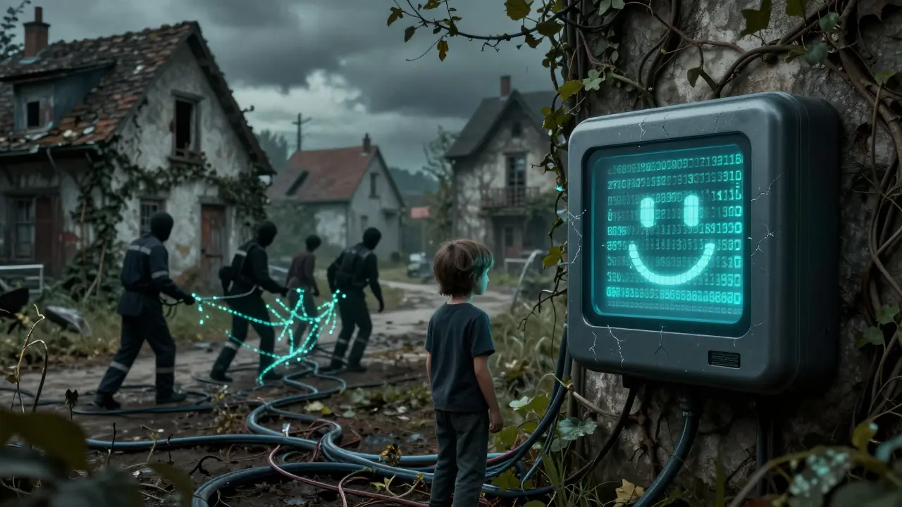 Village français abandonné envahi par des câbles blockchain vivants, un enfant face à un compteur intelligent qui sourit.