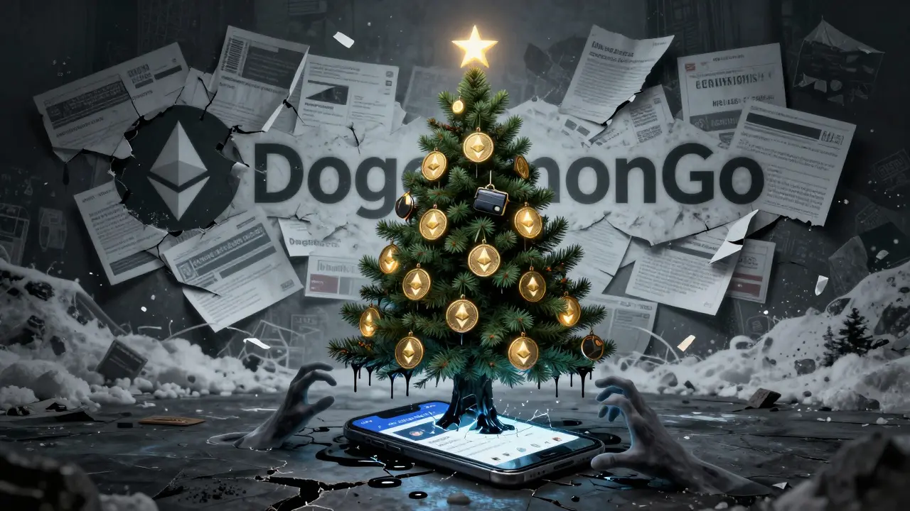 Arbre de Noël fait de portefeuilles crypto, gouttant de l'ethereum noir, tandis que des mains fantomatiques tentent de voler un portefeuille.